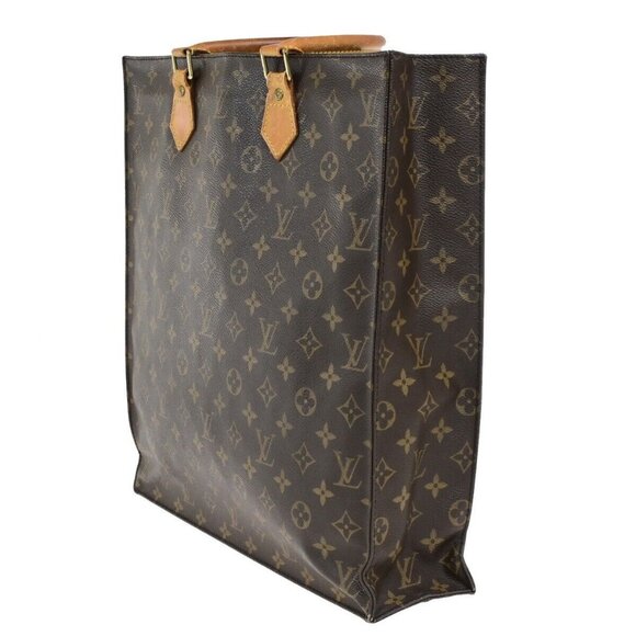 LOUIS VUITTON Logo Sac Plat Hand Tote Bag Monogram Leather Brown M51140 65ED899 - Picture 2 of 16